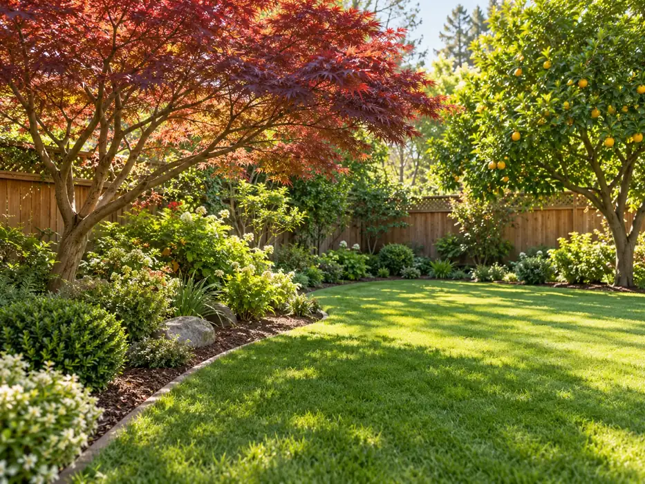 A cared-for Oakland backyard with mature trees and clean garden edges