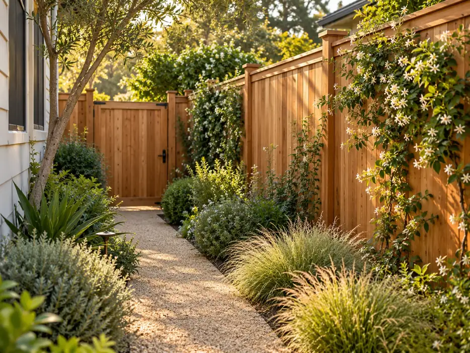 Cedar garden gate framed by native planting and a gravel path