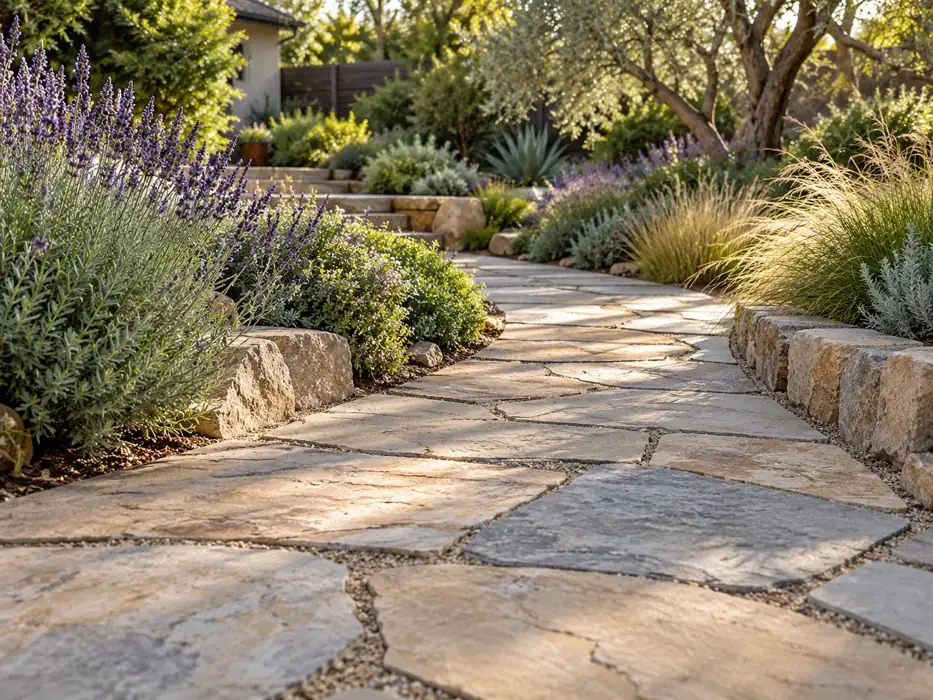 Flagstone path winding through a drought-tolerant garden