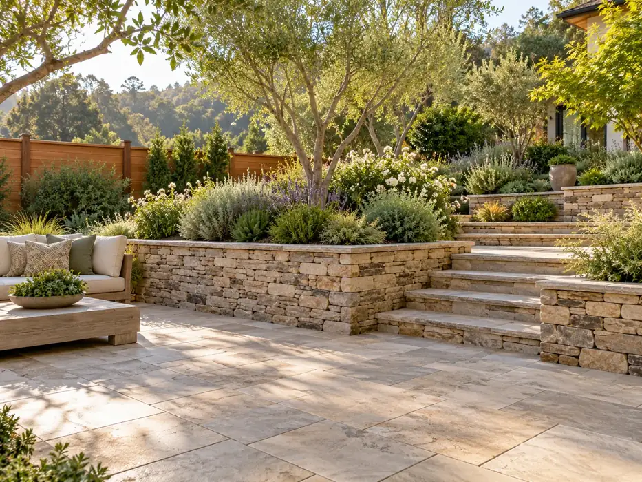 Finished stone terrace with a natural retaining wall, broad steps and layered planting