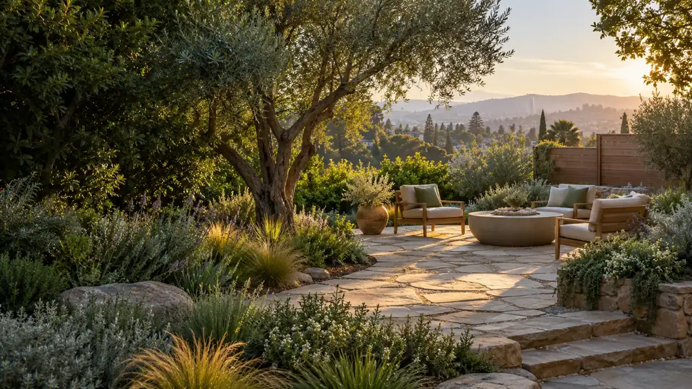 Sunlit Oakland-style backyard with a stone terrace, layered native planting and mature olive tree