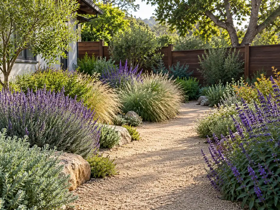 Water-wise garden with California native plants and a gravel path